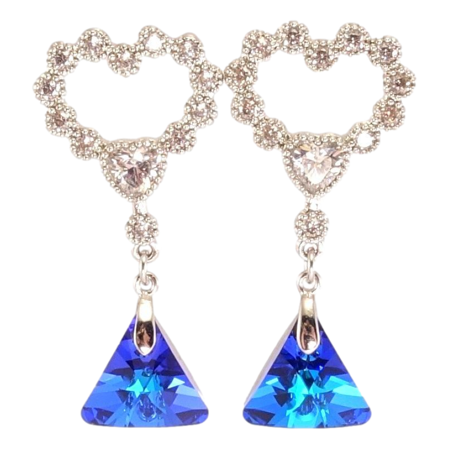 Серьги Xuping цвет Родий с кристаллами Swarovski пусеты Сердечки с подвеской кристалл Capri Blue фото №1