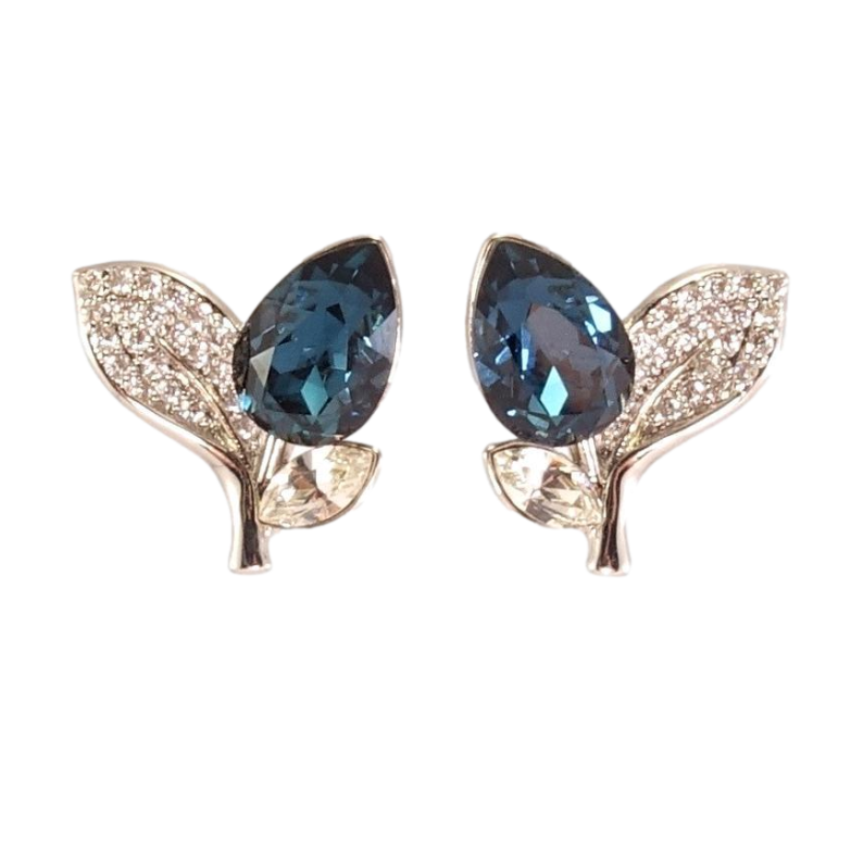 Серьги Xuping цвет Родий с кристаллами Swarovski пусеты Кристальный бутон Montana листики инкрустация фото №1