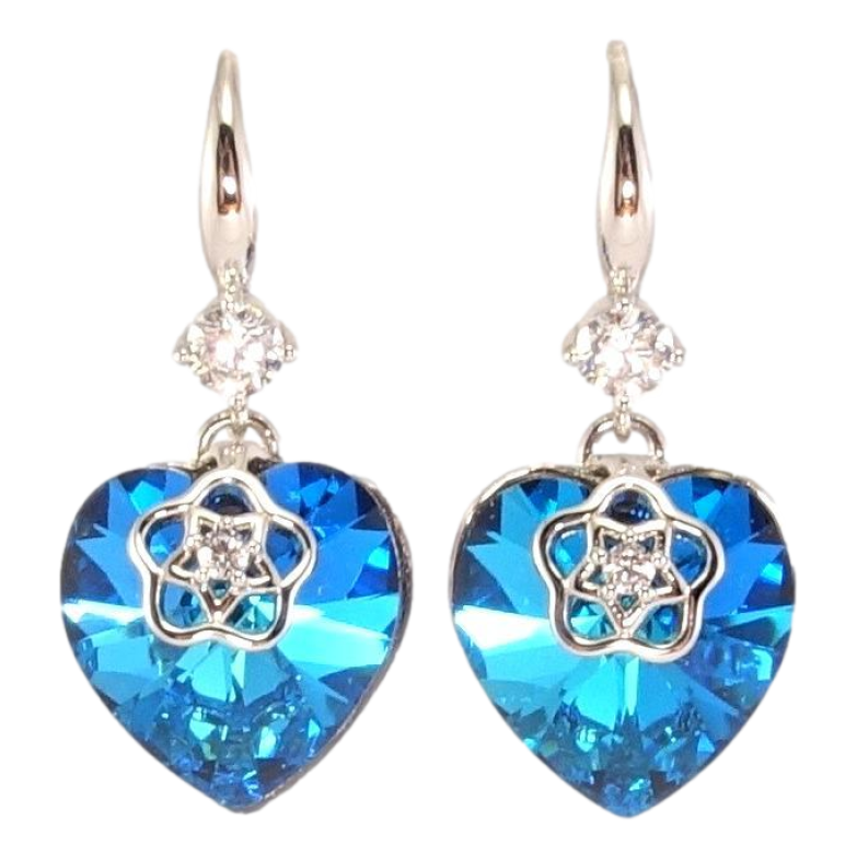 Сережки Xuping колір Родій з кристалами Swarovski французький замок Сердечка Capri Blue з квітковою накладкою фото №1