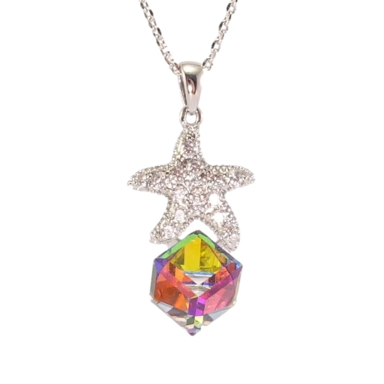 Кулон Xuping колір Родій з кр-ми Swarovski на ланцюжку Кристальний куб Vitrail Med. з морською зіркою дл. 39-44см х фото №1