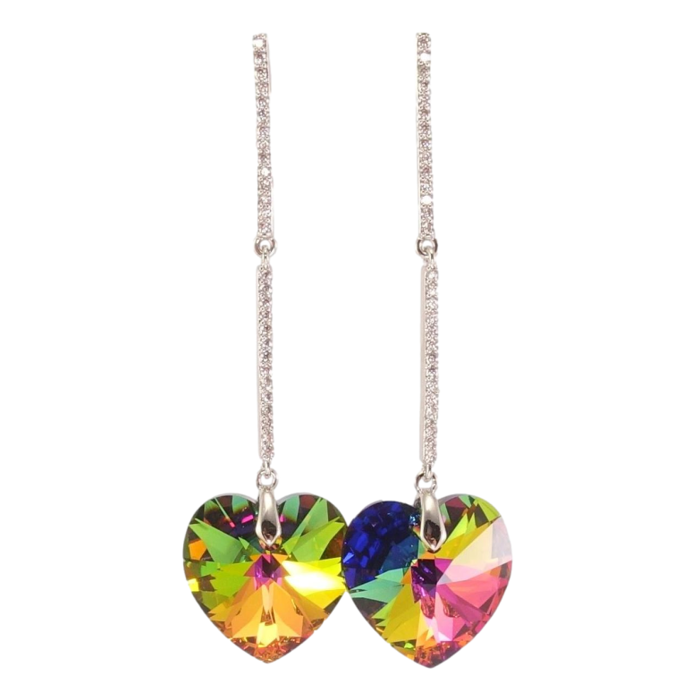 Серьги Xuping цвет Родий с кристаллами Swarovski пусеты Кристальные сердечки Vitrail на дорожках кристаллов фото №1