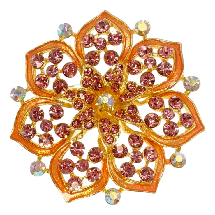 Брошь Оранжевый цветок с розовыми стразами фото №25