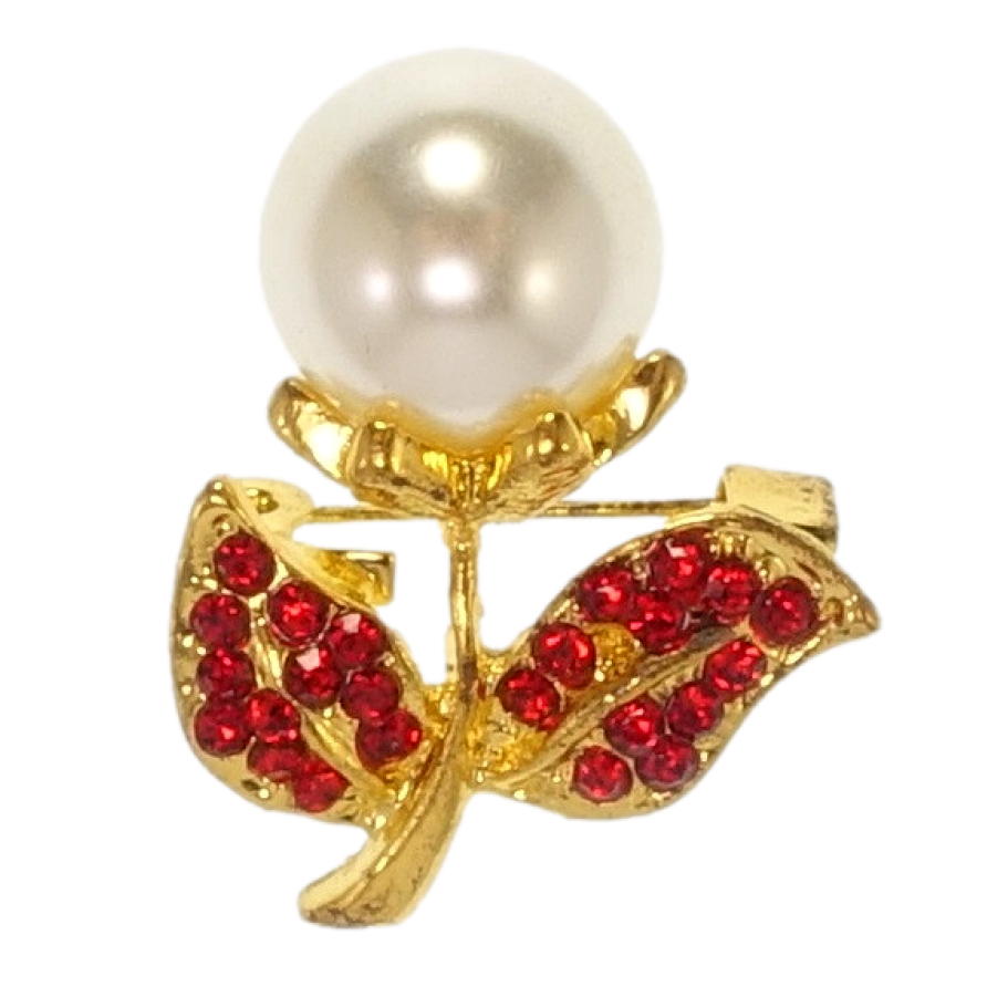 Брошь Одуванчик с красными стразами и жемчужиной фото №1