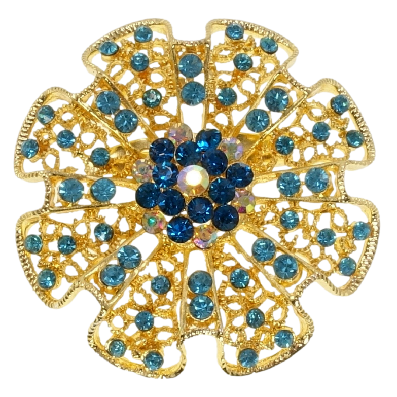 Брошь Ажурный цветок с бирюзовыми стразами фото №2