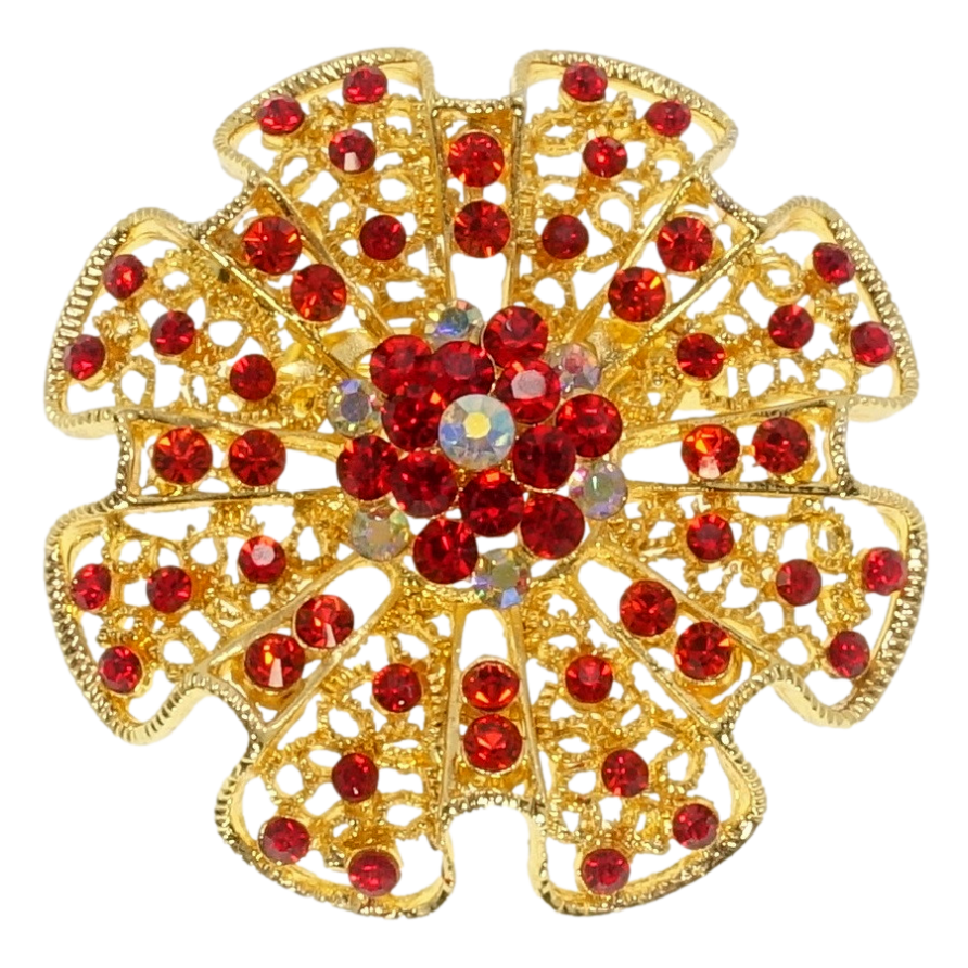 Брошь Ажурный цветок с красными стразами фото №1