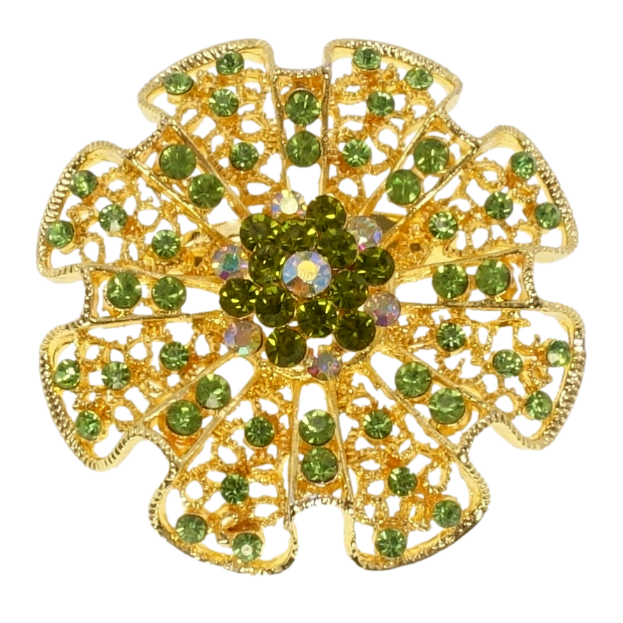 Брошь Ажурный цветок с зелеными стразами фото №1