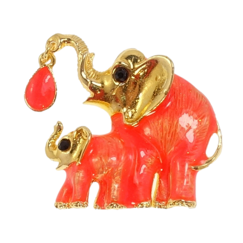 Брошь Два слона с прокраской оранжевой эмалью и кристаллом фото №1