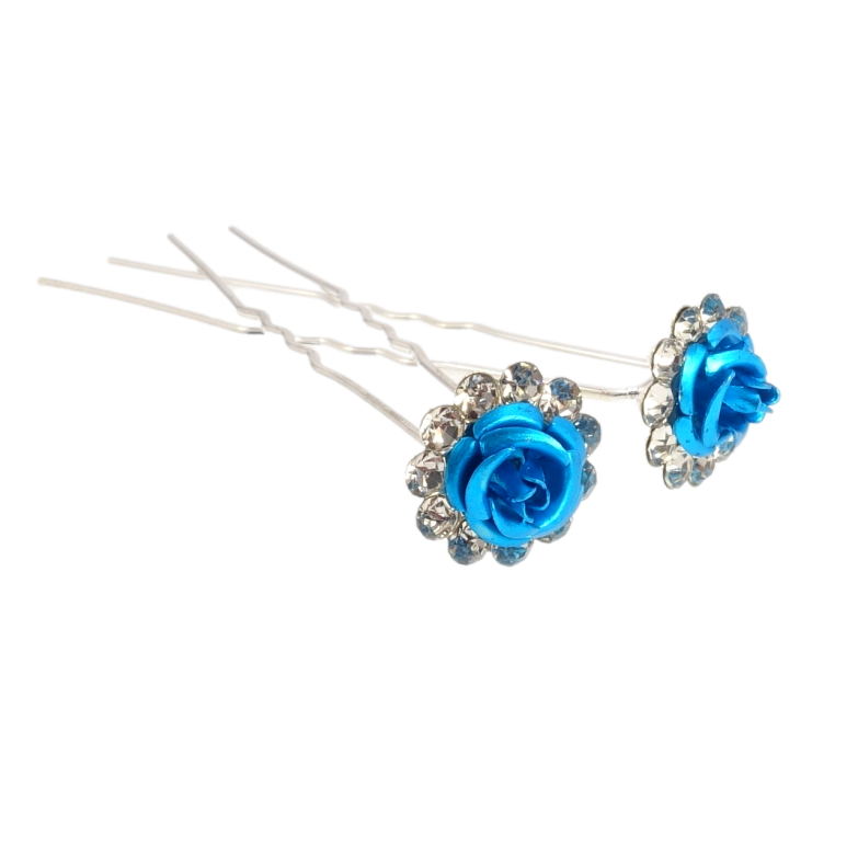 Шпилька для волосся Блакитна троянда в обрамленні страз ø 14мм (ціна за одну штуку) фото №1