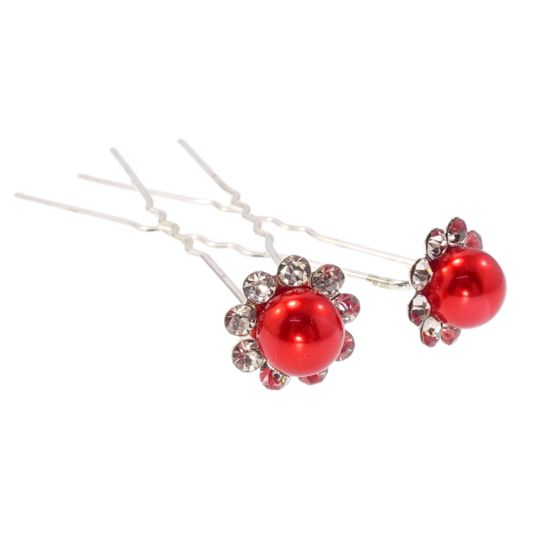 Шпилька для волос Красный цветок в обрамлении страз ø 13мм (цена за одну штуку) фото №1