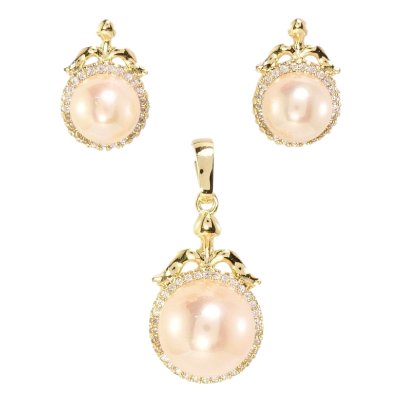 Набор Xuping Позолота 14K Серьги Кулон Розовые жемчужины в обрамлении циркония фото №1 Набор Xuping Позолота 14K Серьги Кулон Розовые жемчужины в обрамлении циркония фото №1