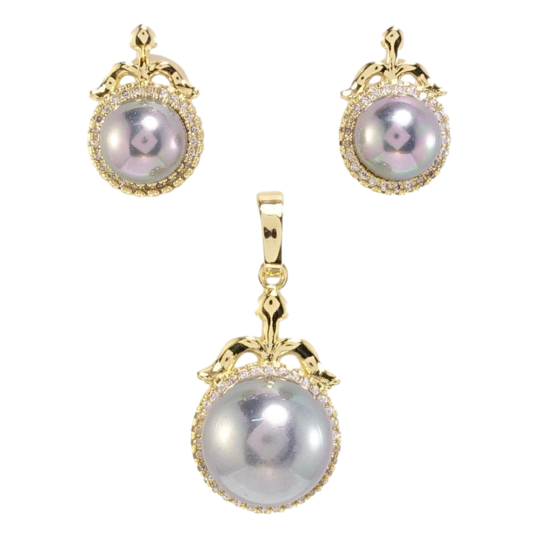 Набор Xuping Позолота 14K Серьги Кулон Серые жемчужины в обрамлении циркония фото №2 Набор Xuping Позолота 14K Серьги Кулон Серые жемчужины в обрамлении циркония фото №2