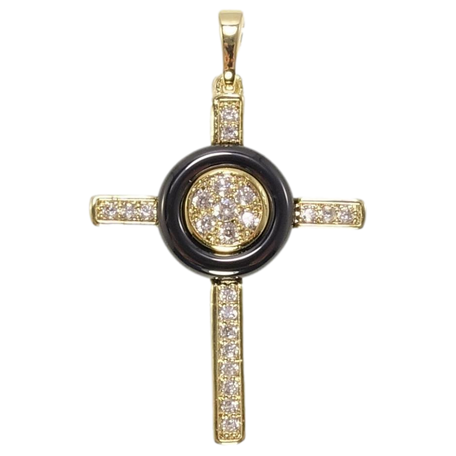 Кулон Xuping Позолота 14K Крест с цирконием и колечком из черной керамики фото №1 Кулон Xuping Позолота 14K Крест с цирконием и колечком из черной керамики фото №1