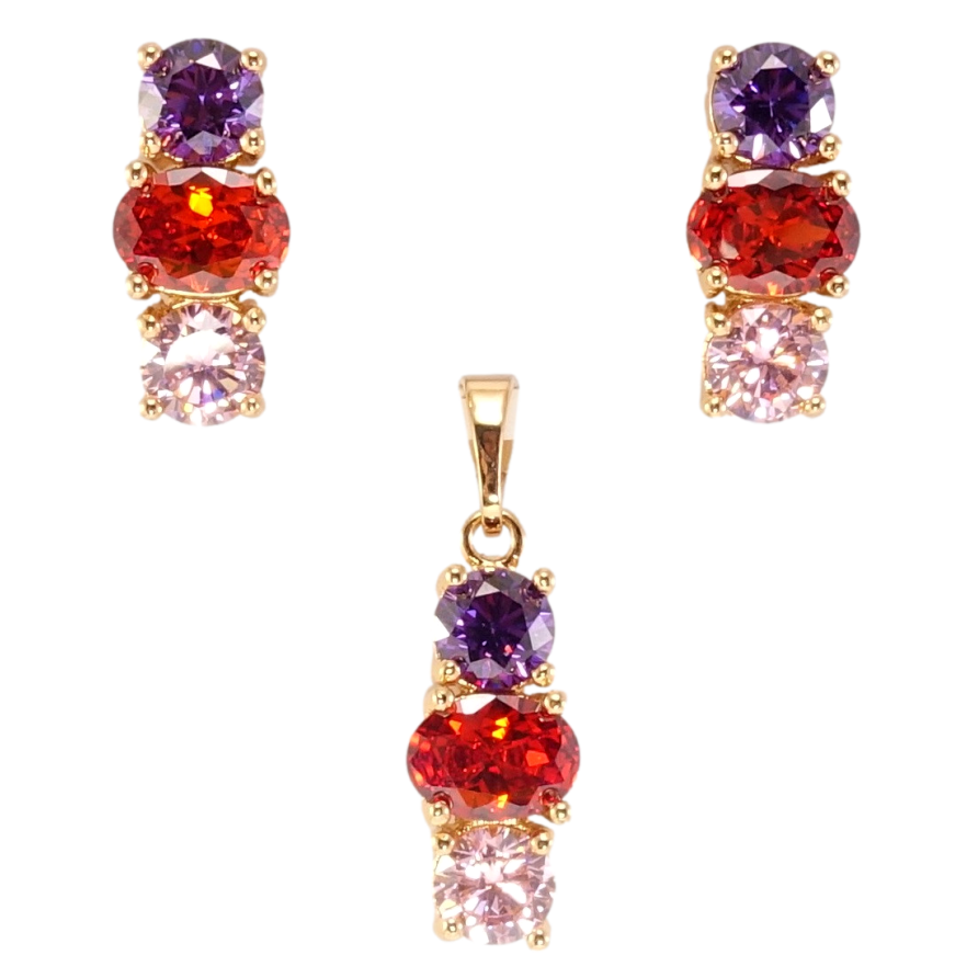 Набір Xuping Позолота 18K Сережки Кулон Три різнокольорові кристали фото №1