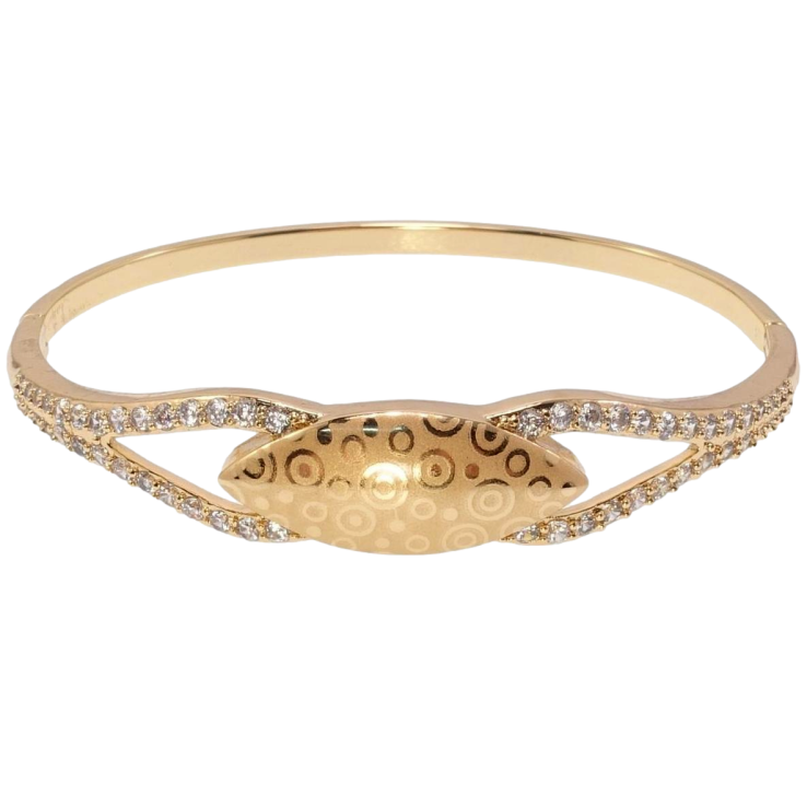 Браслет Xuping Позолота 18K Петельки с цирконием и вставка с орнаментом напылением ø 6см фото №5 Браслет Xuping Позолота 18K Петельки с цирконием и вставка с орнаментом напылением ø 6см фото №5