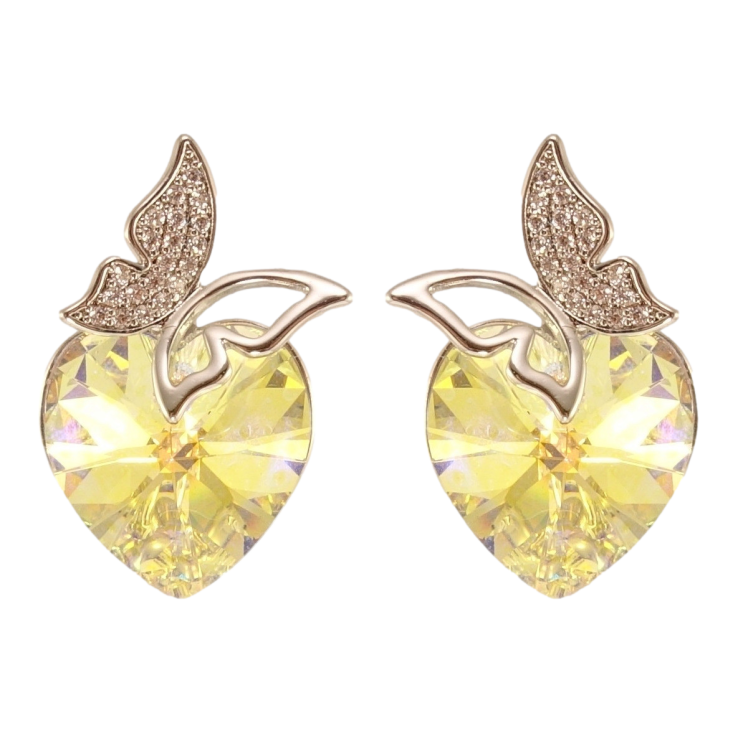 Серьги Xuping цвет Родий с кристаллами Swarovski пусеты Сердечки Citrine Shimmer с бабочками фото №4