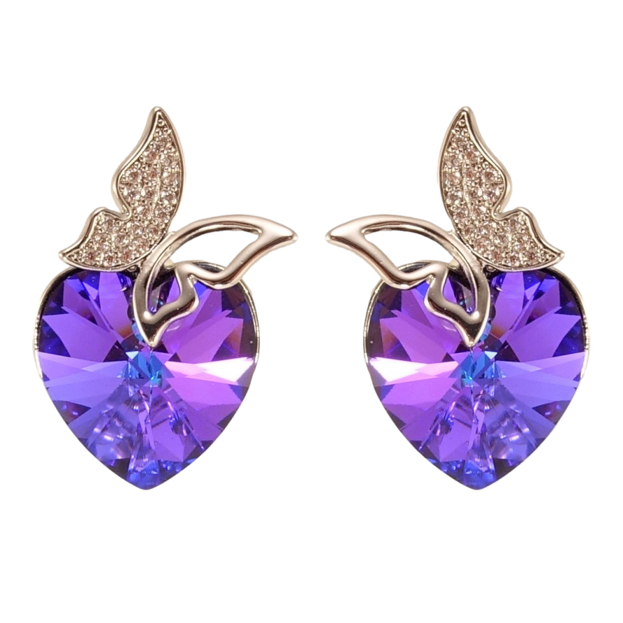 Серьги Xuping цвет Родий с кристаллами Swarovski пусеты Сердечки Cobalt с бабочками фото №1
