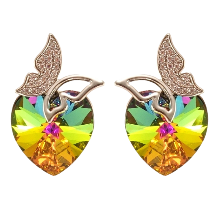 Серьги Xuping цвет Родий с кристаллами Swarovski пусеты Сердечки Vitrail Medium с бабочками фото №3