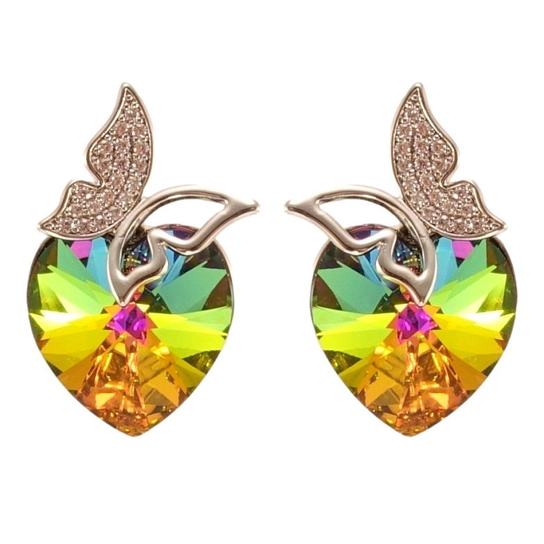 Сережки Xuping колір Родій з кристалами Swarovski пусети Сердечка Vitrail Medium з метеликами фото №1 Сережки Xuping колір Родій з кристалами Swarovski пусети Сердечка Vitrail Medium з метеликами фото №1