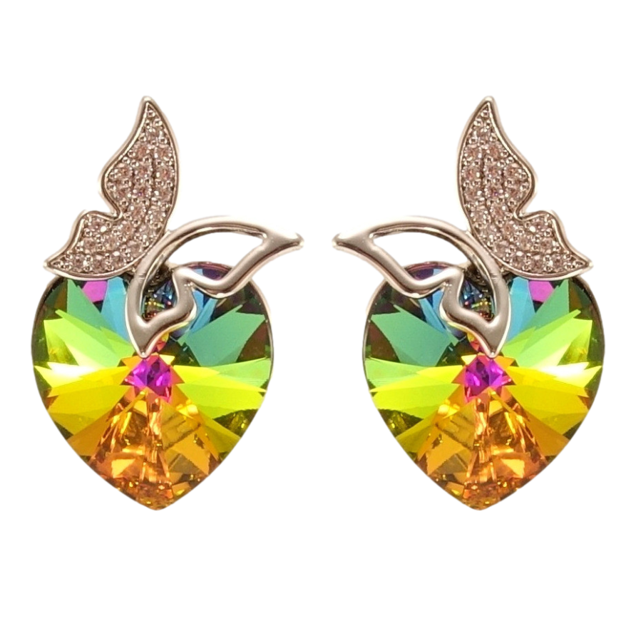 Сережки Xuping колір Родій з кристалами Swarovski пусети Сердечка Vitrail Medium з метеликами фото №1 Сережки Xuping колір Родій з кристалами Swarovski пусети Сердечка Vitrail Medium з метеликами фото №1