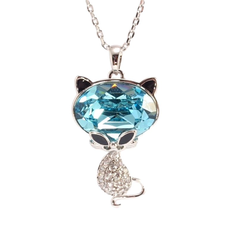 Кулон Xuping колір Родій з кр-ми Swarovski на ланцюжку Кішка з кристалом Light Turquoise дл. 40-45см х фото №1