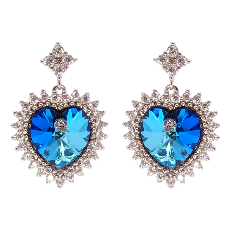 Сережки Xuping колір Родій з кристалами Swarovski пусети Сердечка Capri Blue в обрамленні кристалів фото №1