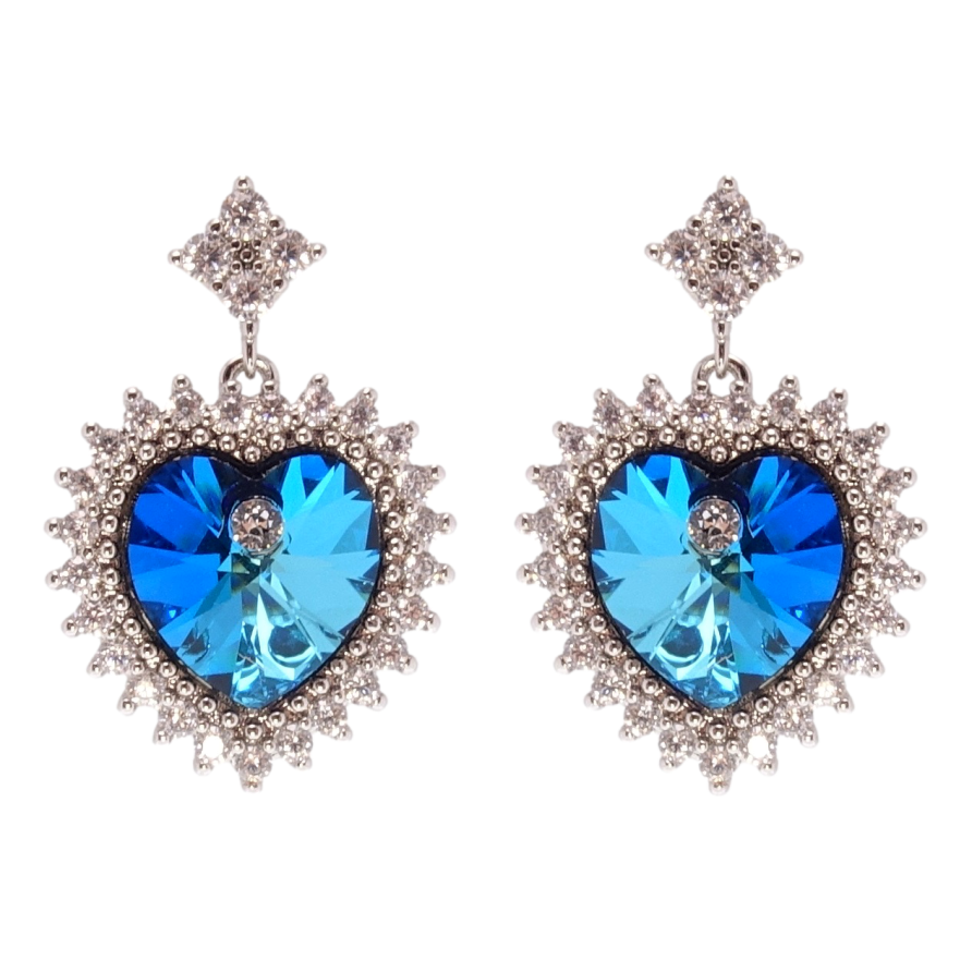 Сережки Xuping колір Родій з кристалами Swarovski пусети Сердечка Capri Blue в обрамленні кристалів фото №1