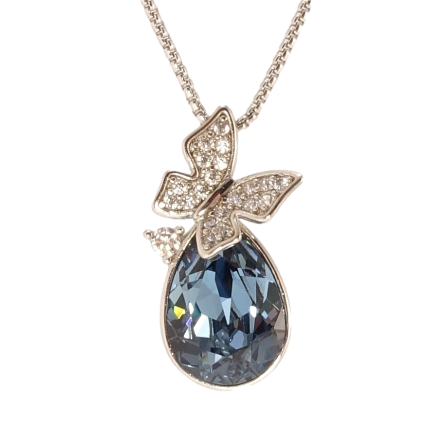 Кулон Xuping колір Родій з кр-ми Swarovski на ланцюжку Кристальна крапля Montana з метеликом дл. 40-45см х 1мм фото №1