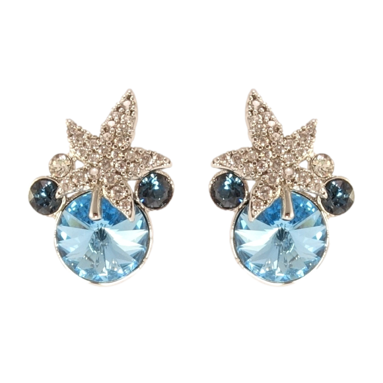 Серьги Xuping цвет Родий с кристаллами Swarovski пусеты Кристаллы Montana и Aquamarine с листом фото №1 Серьги Xuping цвет Родий с кристаллами Swarovski пусеты Кристаллы Montana и Aquamarine с листом фото №1