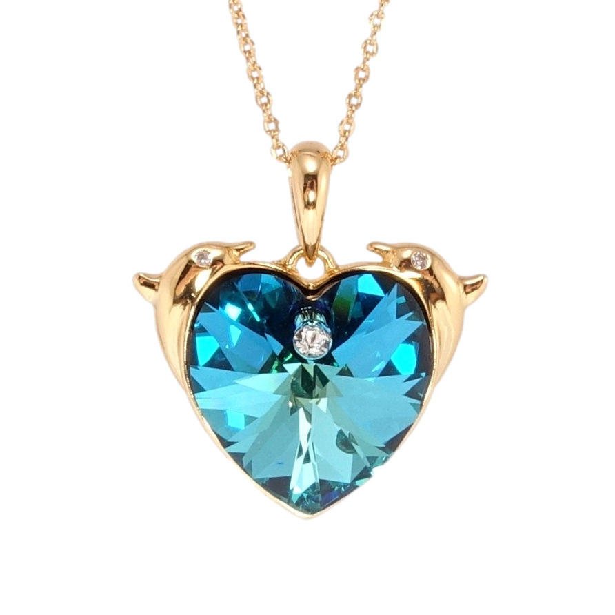 Кулон Xuping колір 18K з кр-ми Swarovski на ланцюжку Серце Metallic Blue з дельфінами дл. 39-44см х 1мм фото №1