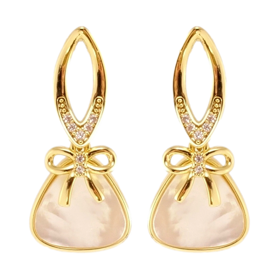 Серьги Xuping QQMM Позолота 14K пусеты Треугольники с перламутром и бантами фото №1 Серьги Xuping QQMM Позолота 14K пусеты Треугольники с перламутром и бантами фото №1