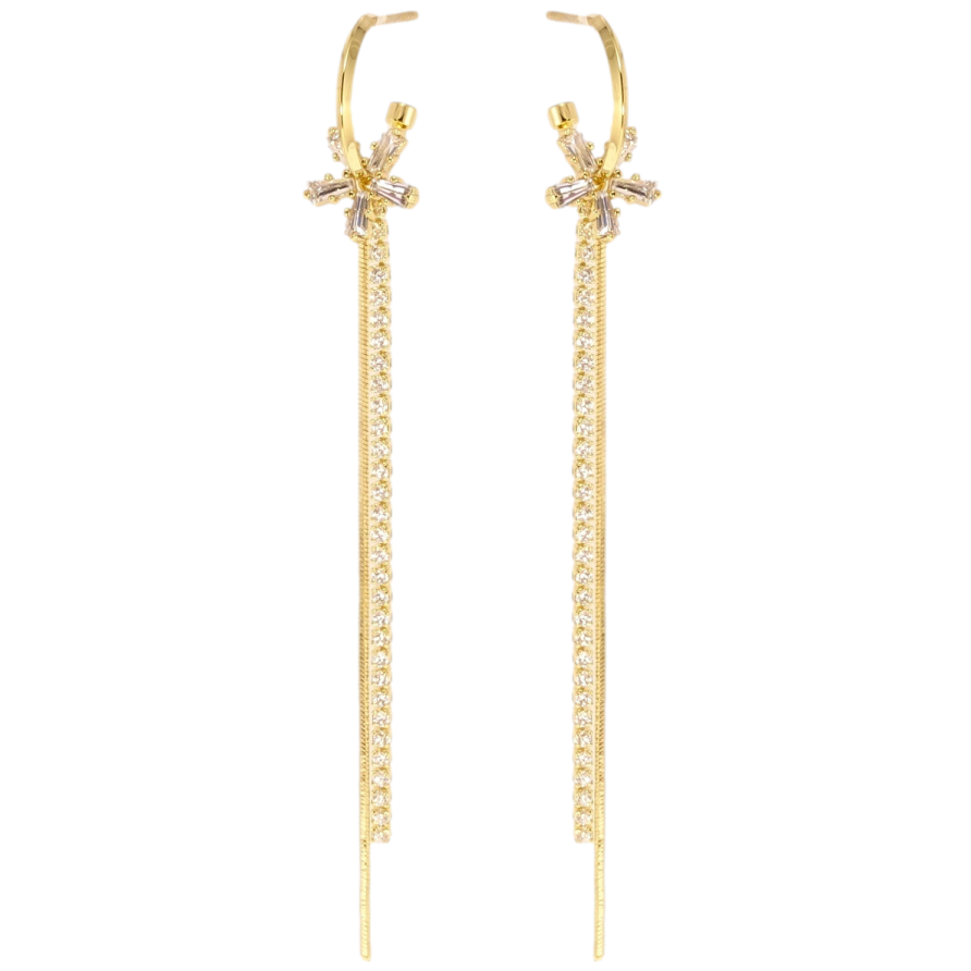 Сережки Xuping QQMM Позолота 14K пусети Кристальні квіточки на дугах з ланцюжками фото №1 Сережки Xuping QQMM Позолота 14K пусети Кристальні квіточки на дугах з ланцюжками фото №1