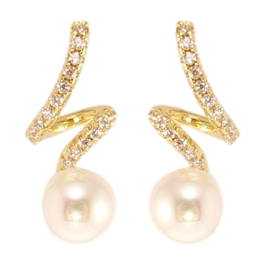 Сережки Xuping QQMM Позолота 14K пусети Завитки з цирконієм та перлинами фото №1 Сережки Xuping QQMM Позолота 14K пусети Завитки з цирконієм та перлинами фото №1