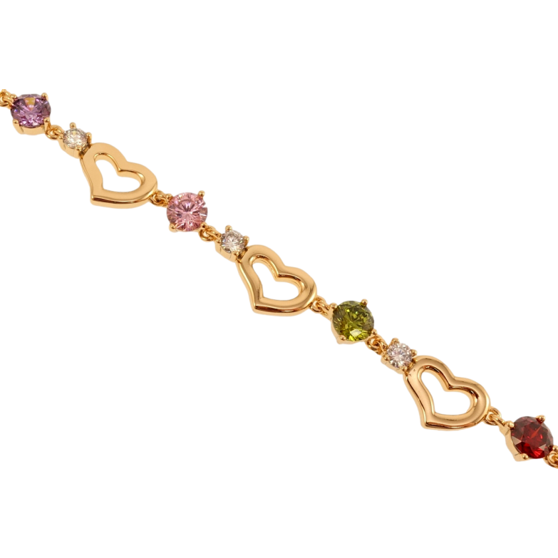 Браслет Xuping Позолота 18K Сердечки с разноцветными кристаллами длина с доп.замком 17.5,19.5см х 5-8мм фото №1 Браслет Xuping Позолота 18K Сердечки с разноцветными кристаллами длина с доп.замком 17.5,19.5см х 5-8мм фото №1