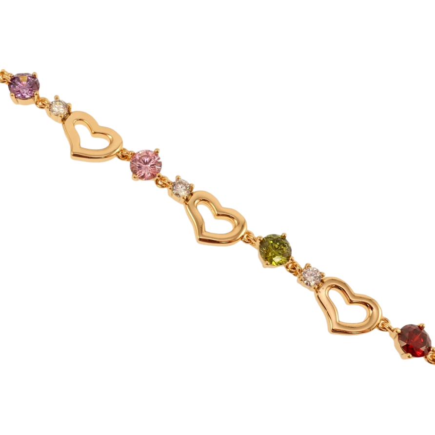 Браслет Xuping Позолота 18K Сердечки с разноцветными кристаллами длина с доп.замком 17.5,19.5см х 5-8мм фото №1 Браслет Xuping Позолота 18K Сердечки с разноцветными кристаллами длина с доп.замком 17.5,19.5см х 5-8мм фото №1