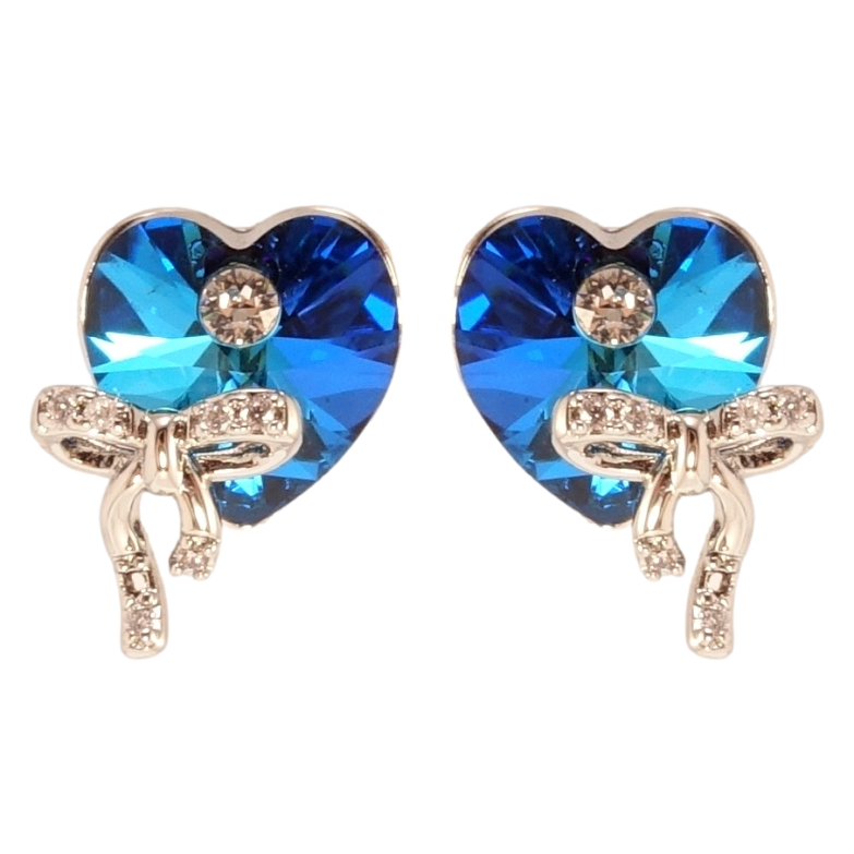 Серьги Xuping цвет Родий с кристаллами Swarovski пусеты Сердечки Capri Blue с бантами фото №1
