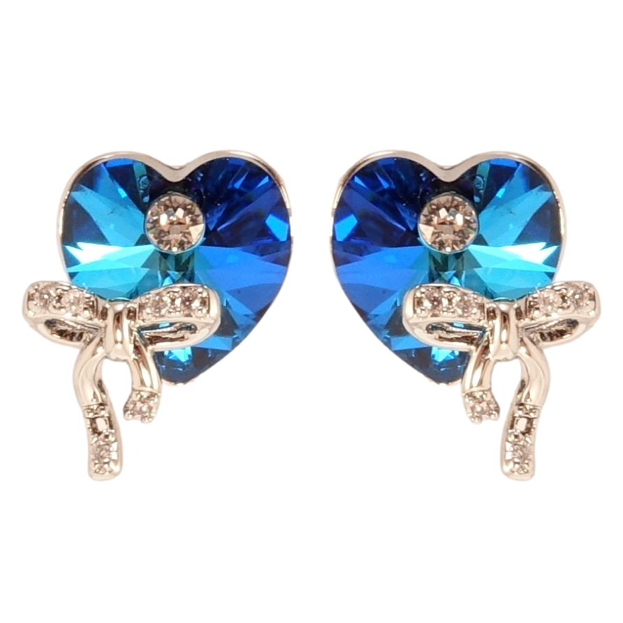 Серьги Xuping цвет Родий с кристаллами Swarovski пусеты Сердечки Capri Blue с бантами фото №1