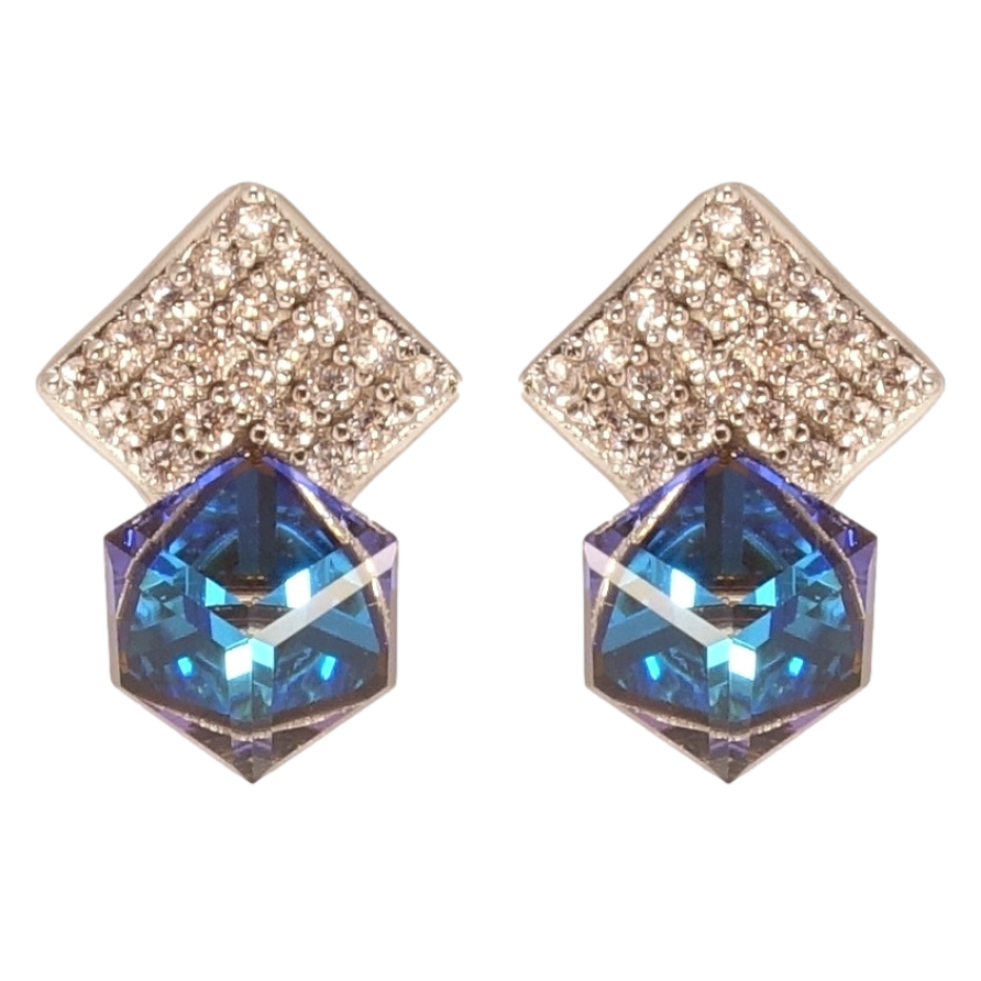 Сережки Xuping колір Родій з кристалами Swarovski пусети Ромби інкрустація кристалами з кубиками Bermuda Blue фото №1