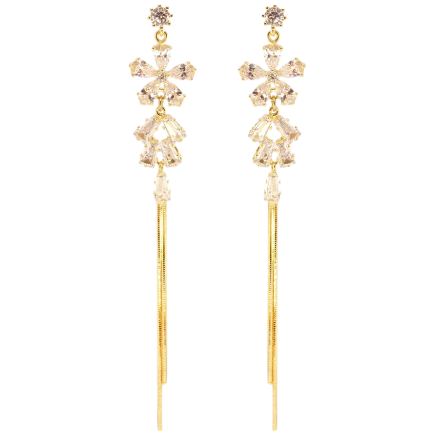 Сережки Xuping QQMM Позолота 14K пусети Кристальні квіточки з ланцюжками фото №1 Сережки Xuping QQMM Позолота 14K пусети Кристальні квіточки з ланцюжками фото №1