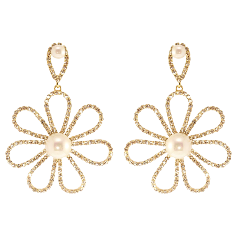 Сережки Xuping QQMM Позолота 14K пусети Ромашки з цирконієм та перлами фото №1 Сережки Xuping QQMM Позолота 14K пусети Ромашки з цирконієм та перлами фото №1