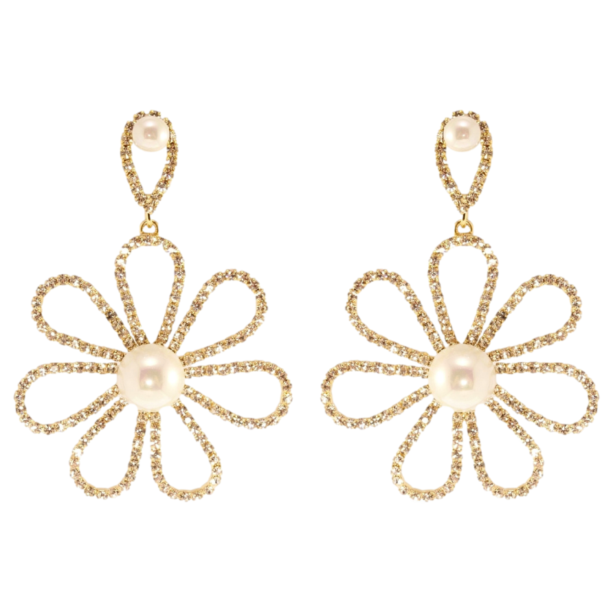 Сережки Xuping QQMM Позолота 14K пусети Ромашки з цирконієм та перлами фото №1 Сережки Xuping QQMM Позолота 14K пусети Ромашки з цирконієм та перлами фото №1