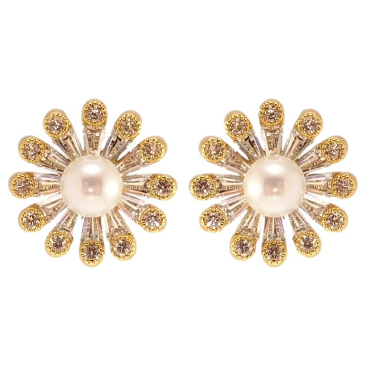 Сережки Xuping QQMM Позолота 14K пусети Квіточки з цирконієм та перлами фото №3 Сережки Xuping QQMM Позолота 14K пусети Квіточки з цирконієм та перлами фото №3