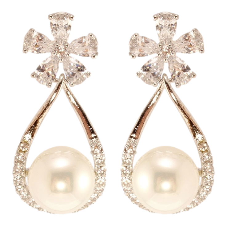 Серьги Xuping QQMM Родий пусеты Кристальные цветочки с подвесками жемчужинами в капельках фото №24