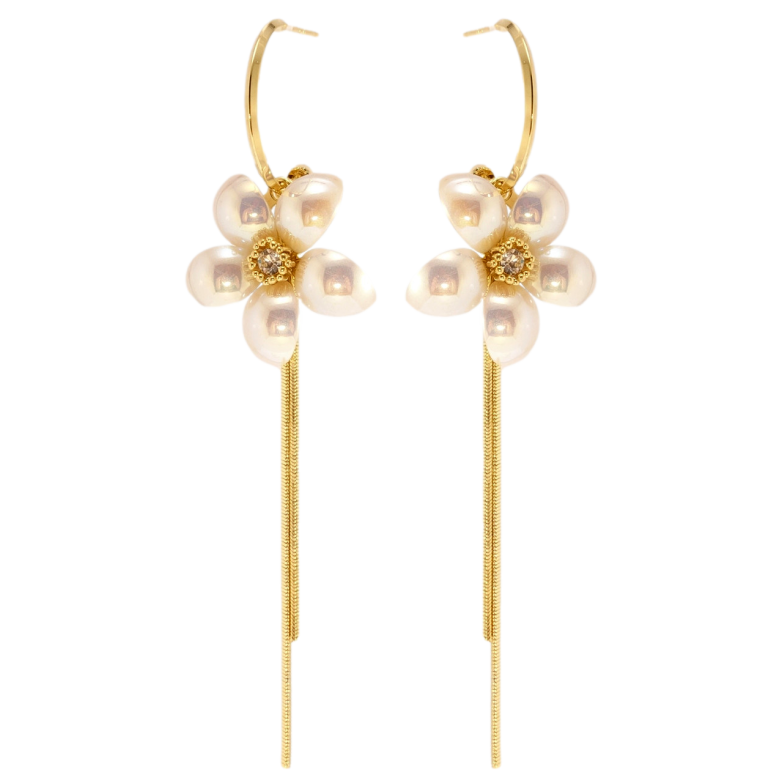 Серьги Xuping QQMM Позолота 14K пусеты Перламутровые цветочки с подвесками фото №1 Серьги Xuping QQMM Позолота 14K пусеты Перламутровые цветочки с подвесками фото №1