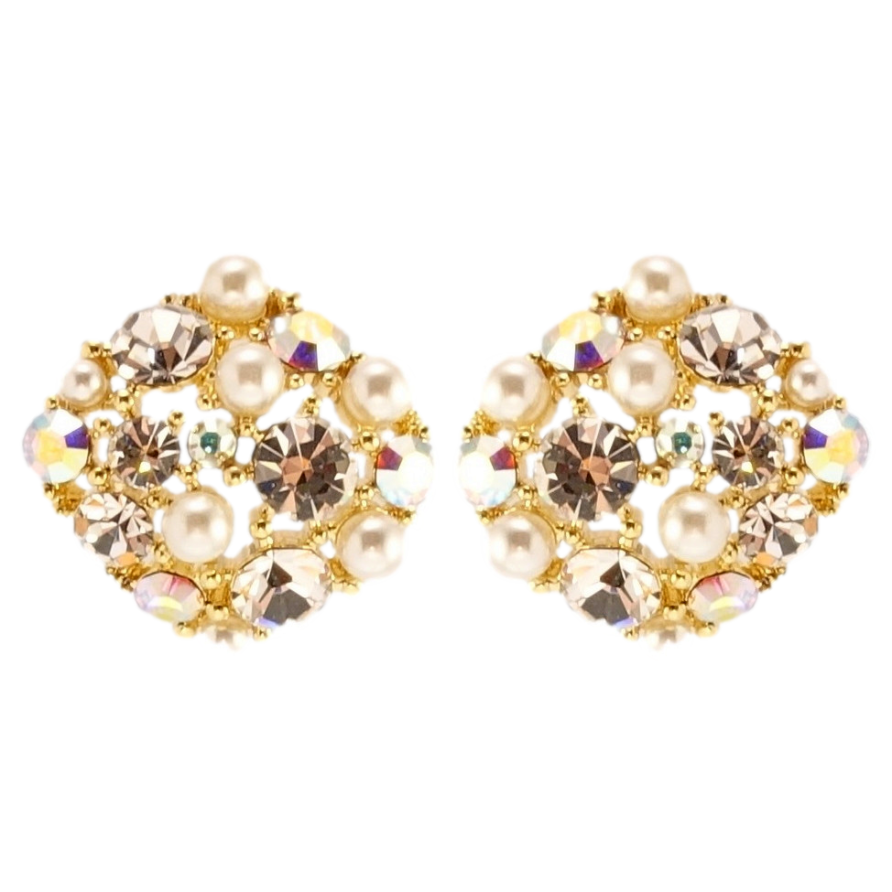 Сережки Xuping QQMM Позолота 14K пусети Ромби з кристалами та перлами фото №1 Сережки Xuping QQMM Позолота 14K пусети Ромби з кристалами та перлами фото №1