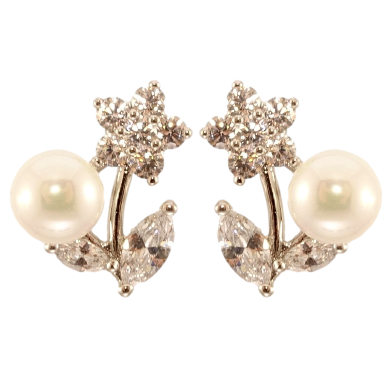 Серьги Xuping Родий пусеты Кристальные цветочки с жемчужинами фото №1