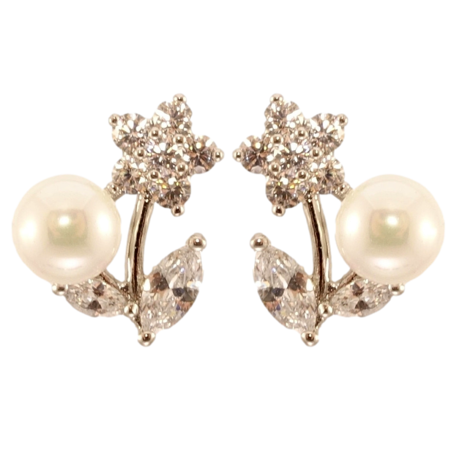 Серьги Xuping Родий пусеты Кристальные цветочки с жемчужинами фото №1