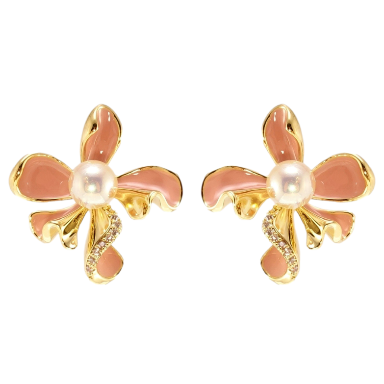 Серьги Xuping QQMM Позолота 14K пусеты Декоративные цветочки с бежевой эмалью и жемчужинами фото №1 Серьги Xuping QQMM Позолота 14K пусеты Декоративные цветочки с бежевой эмалью и жемчужинами фото №1
