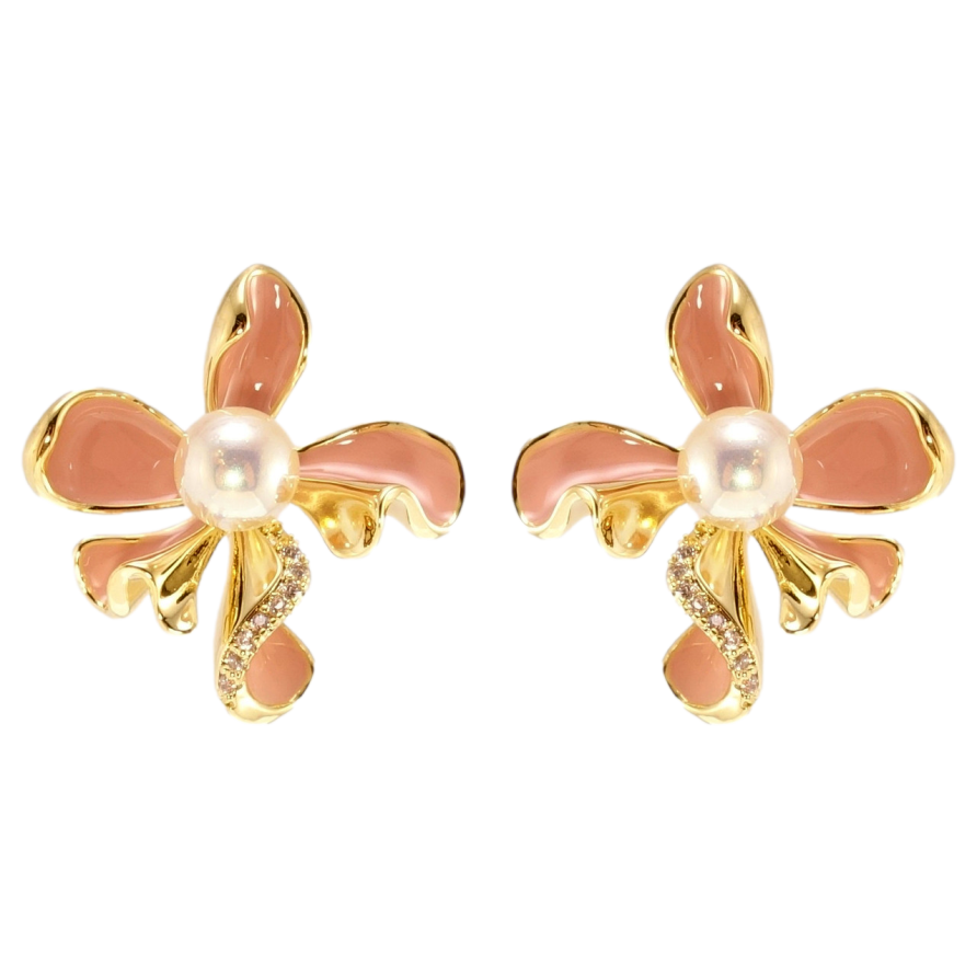 Сережки Xuping QQMM Позолота 14K пусети Декоративні квіточки з бежевою емаллю та перлинами фото №1 Сережки Xuping QQMM Позолота 14K пусети Декоративні квіточки з бежевою емаллю та перлинами фото №1