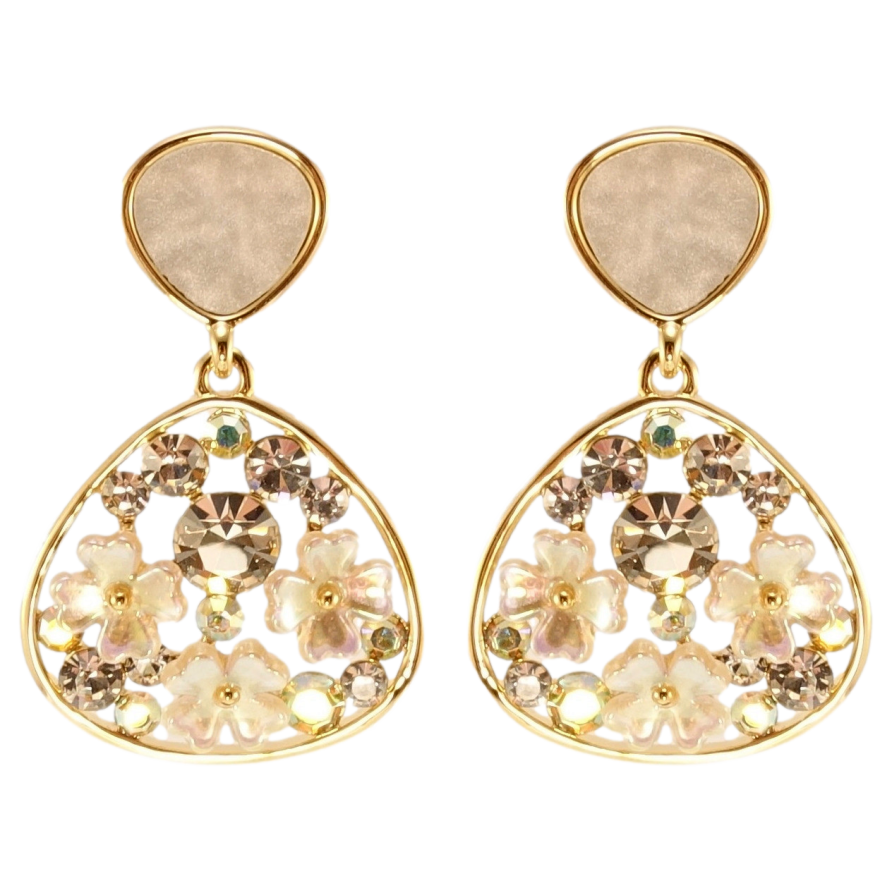 Сережки Xuping QQMM Позолота 14K пусети Крапельки з перламутровими квіточками та кристалами фото №1 Сережки Xuping QQMM Позолота 14K пусети Крапельки з перламутровими квіточками та кристалами фото №1