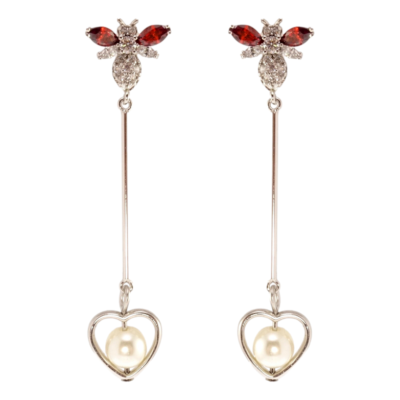 Серьги Xuping QQMM Родий пусеты Мушки с жемчужными сердечками фото №1 Серьги Xuping QQMM Родий пусеты Мушки с жемчужными сердечками фото №1